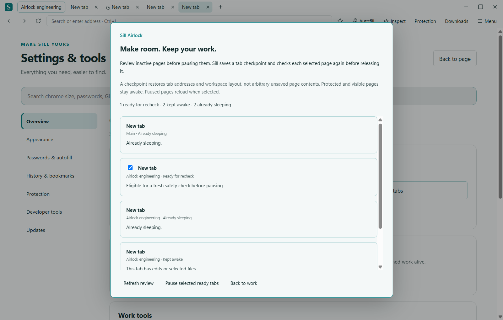 Actual Sill Airlock review showing ready, protected and sleeping tabs