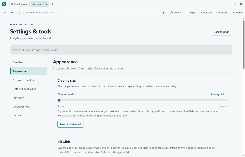 Recorded Sill settings slider shrinking the browser controls into a single row and expanding them again