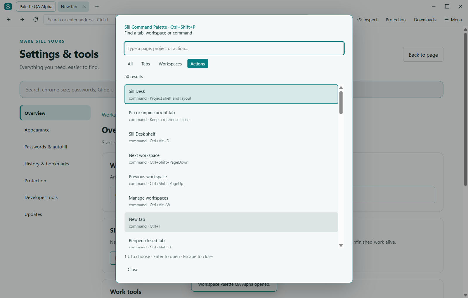Sill command palette with categories