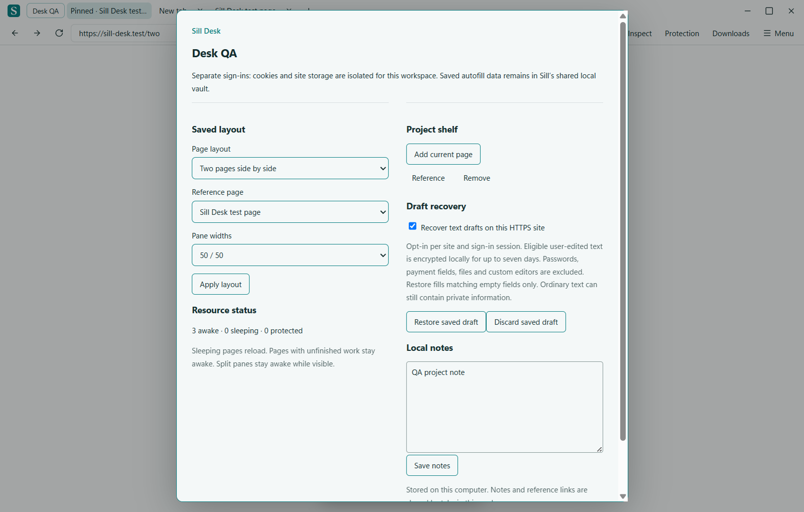 Sill Desk project shelf with layout settings, local notes and draft recovery controls