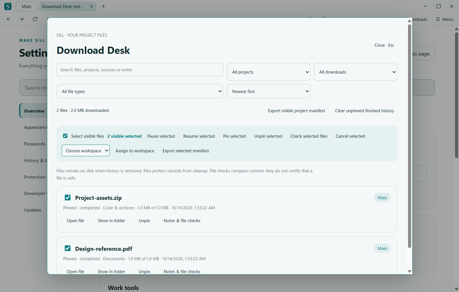 Actual Download Desk interface with selected project files and bulk controls