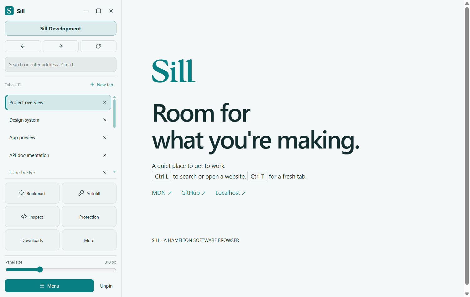 Actual Sill left Glide panel with navigation, workspace tabs, labeled tools and panel-size slider