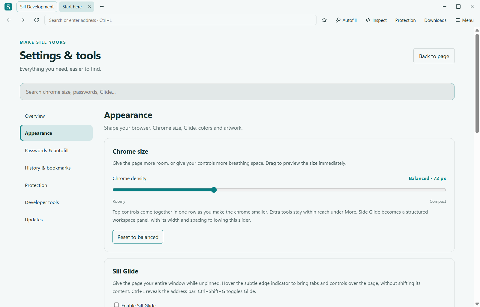 Actual Sill settings with a category sidebar, search field and chrome density slider