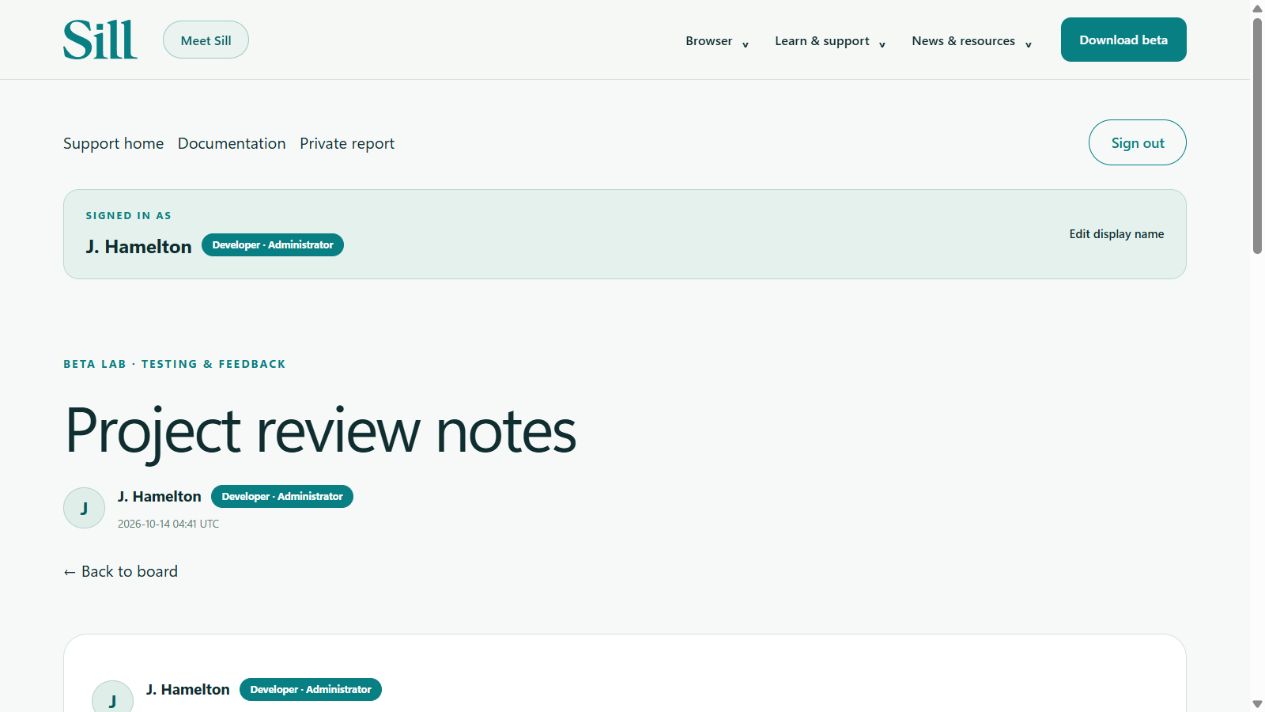 Support discussion identifying its author and developer administrator role