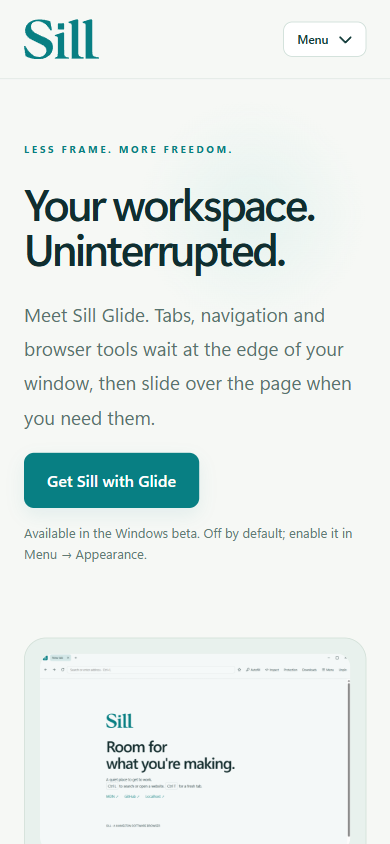 Sill Glide website at a phone viewport