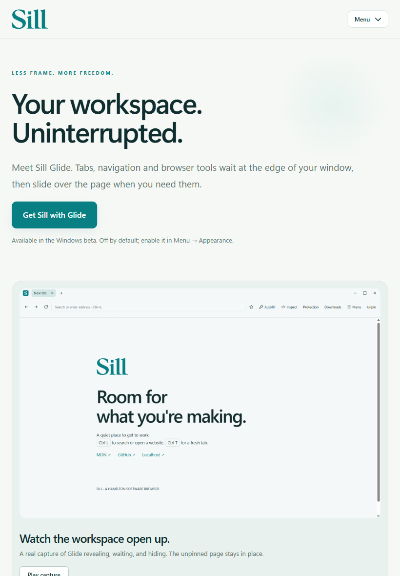Sill Glide website at a tablet viewport