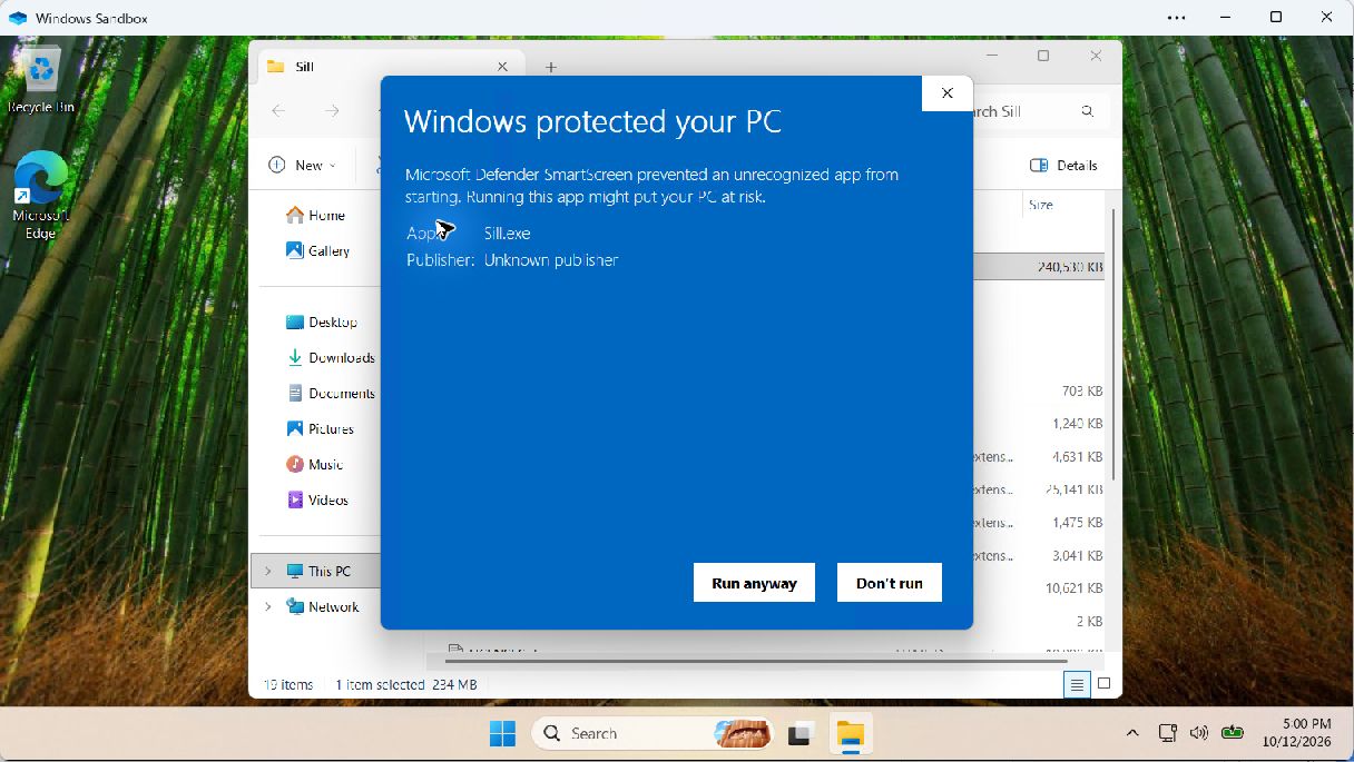 Actual SmartScreen details showing Sill.exe, Unknown publisher, and Run anyway highlighted